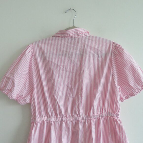 J. CREW Collared Puff Sleeve Mini Shirt Dress Striped Cotton Pink White Preppy - Picture 12 of 16